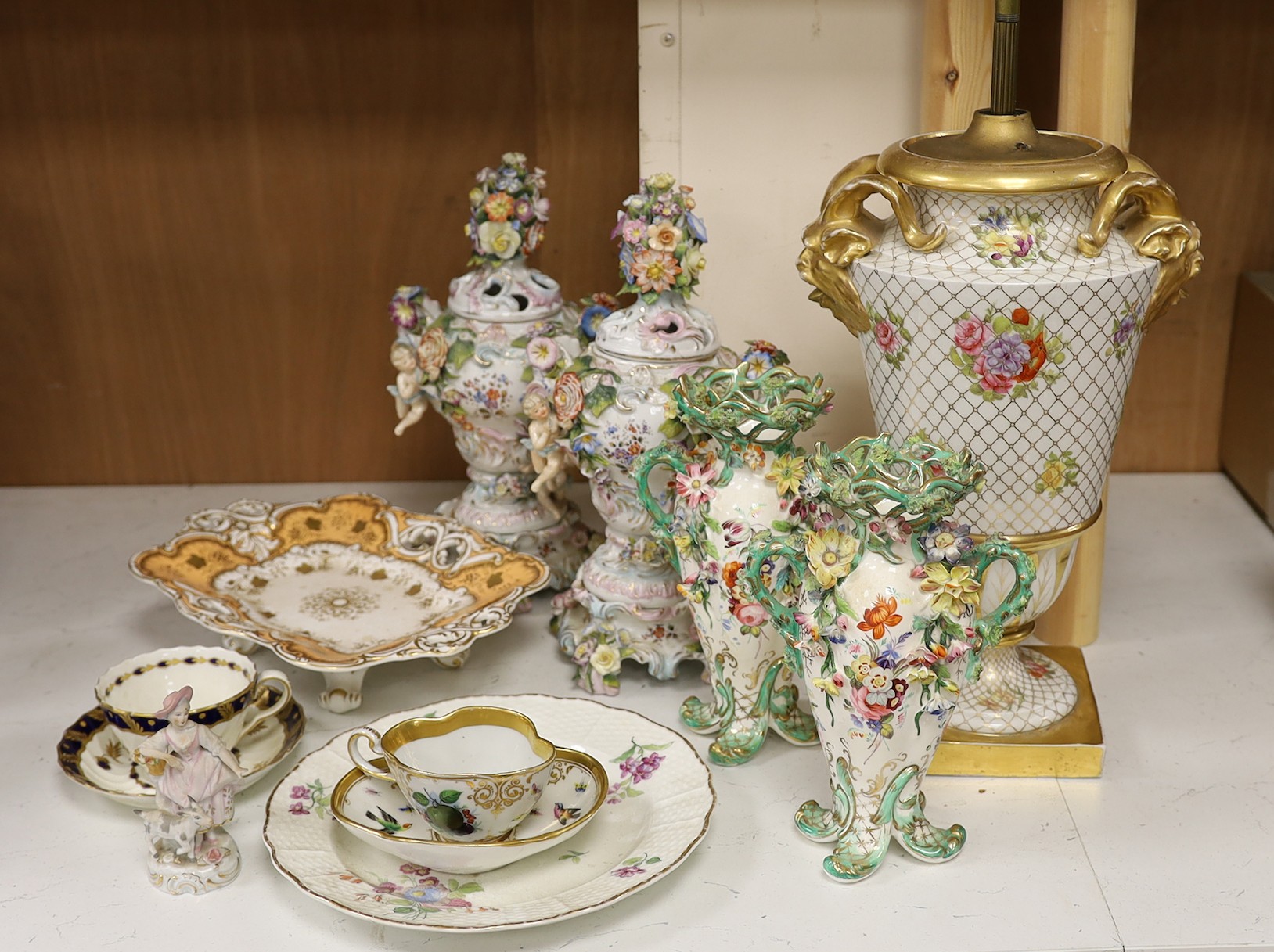 A mixed collection of floral encrusted 19th century and later Continental porcelain